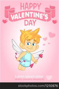 Poster with funny cupid cartoon character with bow and arrow. Vector illustration for Valentine&rsquo;s Day isolated on blue background.