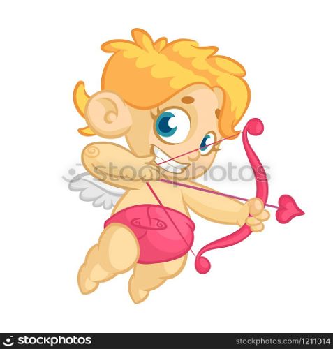 Poster with funny cupid cartoon character with bow and arrow. Vector illustration for Valentine&rsquo;s Day isolated