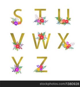 Poster with golden letters S, T, U, V, W, X, Y, Z. Floral botanical flowers. Decorative alphabet vector font with bouquet on white background. Textile and cards design.. Poster with golden letters S, T, U, V, W, X, Y, Z. Floral botanical flowers. Decorative alphabet vector font with bouquet on white background. Textile and card design.