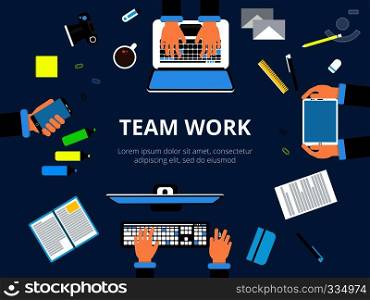 Poster with hands and computer devices. Business presentation or other actions. Vector background picture in flat style. Business work space laptop and communication team work illustration. Poster with hands and computer devices. Business presentation or other actions. Vector background picture in flat style