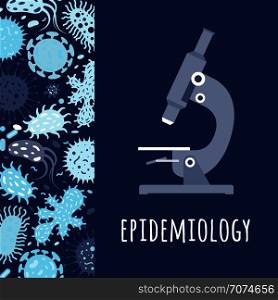 Poster with microscope and microbes. Vector epidemiology concept banner with microscope illustration. Poster with microscope and microbes