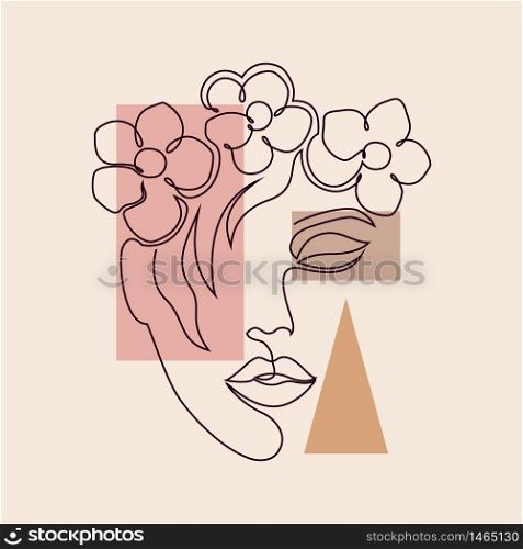 Poster with minimal woman face and geometric figures.. minimal woman face