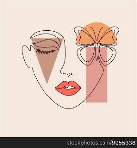 Poster with minimal woman face.  One line drawing style.  Creative author’s illustration. . minimal woman face.