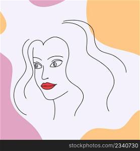Poster with minimalistic female face on abstract background. Beautiful girl with hairstyle and red lips.  ontemporary portrait paintings 