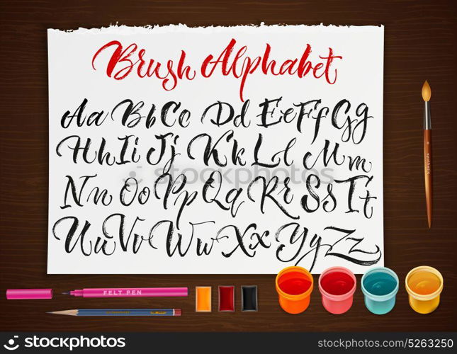 Poster With Paper Sheet With Alphabet . Colorful poster with paints brushes pencils and sheet of paper with hand drawn scrawling alphabet letters flat vector illustration