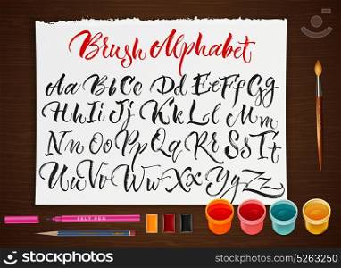 Poster With Paper Sheet With Alphabet . Colorful poster with paints brushes pencils and sheet of paper with hand drawn scrawling alphabet letters flat vector illustration