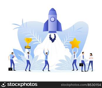Poster with rocket people. Startup company launch concept, flat tiny person vector illustration.. Poster with rocket people. Startup company launch concept, flat tiny person vector illustration