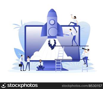 Poster with rocket people. Startup company launch concept, flat tiny person vector illustration.. Poster with rocket people. Startup company launch concept, flat tiny person vector illustration
