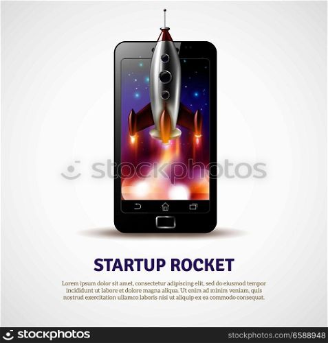 Poster with rocket startup near smartphone screen with stars on blue sky on white background vector illustration. Rocket Startup Poster