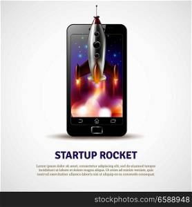 Poster with rocket startup near smartphone screen with stars on blue sky on white background vector illustration. Rocket Startup Poster