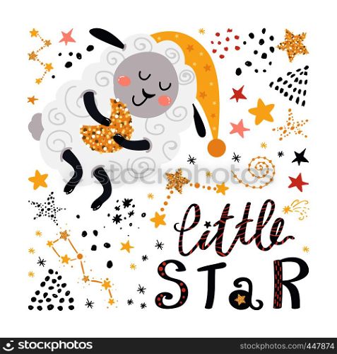 Poster with sheep, stars and lettering. Vector illustration for your design