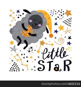 Poster with sheep, stars and lettering. Vector illustration for your design