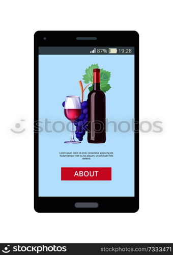 Poster with smartphone and online order button about vector mobile application lets to order natural red wine from grapes, wooden barrel on background. Mobile Application Lets to Order Red Wine Vector