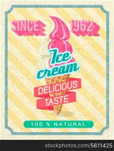 Poster with strawberry vanilla cold delicious ice-cream pink tape with text vector illustration