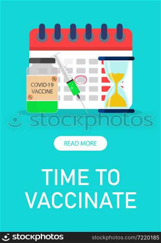 Poster with syringe for injection and calendar of vaccination. Vaccine time. Banner with vaccine from flu, coronavirus. Hospital immunization for health. Background for prevention. Vector.. Poster with syringe for injection and calendar of vaccination. Vaccine time. Banner with vaccine from flu, coronavirus. Hospital immunization for health. Background for prevention. Vector
