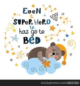 Poster with teddy bear, stars and lettering.