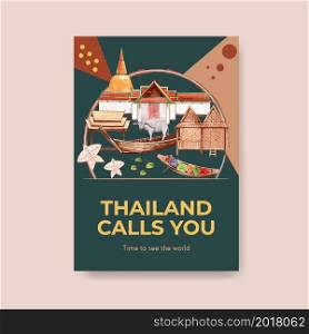 Poster with Thailand travel concept design for marketing and brochure watercolor vector illustration
