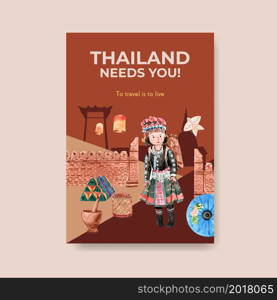 Poster with Thailand travel concept design for marketing and brochure watercolor vector illustration