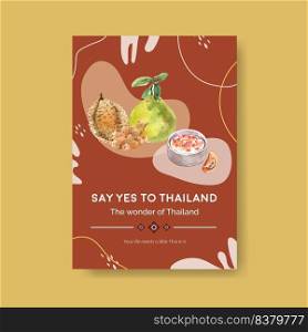 Poster with Thailand travel concept design for marketing and brochure watercolor vector illustration 