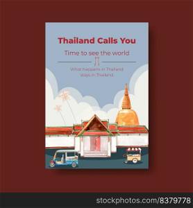 Poster with Thailand travel concept design for marketing and brochure watercolor vector illustration
