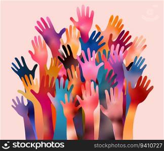 Poster with volunteer people with raised arms. People diversity. Charitable donation. Support and assistance. Multicultural community. NGO. Aid. Help. Volunteerism. Inclusivity. Teamwork