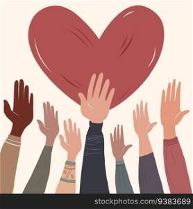 Poster with volunteer people with raised hands and background with red heart shape. Charitable donation. Support and assistance. Multicultural community. NGO. Aid. Help. Volunteerism