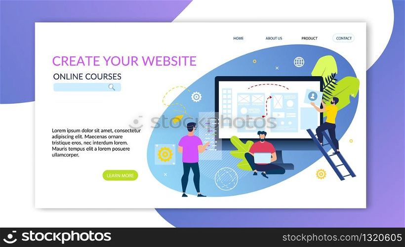 Poster Written Great Your Website Online Courses. Online Courses that are Sold to Position Client as Professional in their Field. Men are Working on Website Flat. Vector Illustration.
