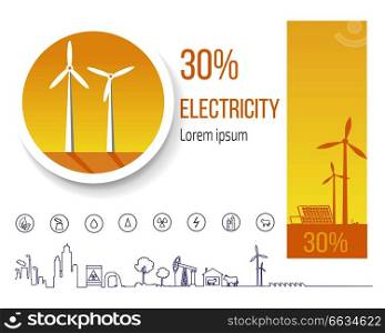 Postered dedicated to development of environmental save sources of energy production. Electricity industry with wind mills web buttons. Postered Dedicated to Save Sources of Energy