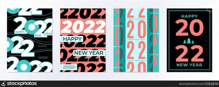 Posters 2022 design. Happy new 22 year, calendar cover template. Branding business brochures, minimal greeting cards with numbers recent vector set. Calendar 2022 greeting to party event. Posters 2022 design. Happy new 22 year, calendar cover template. Branding business brochures, minimal greeting cards with numbers recent vector set