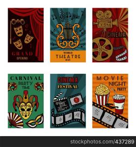 Posters design set with theatre and cinema symbols. Vector illustrations isolate. Collection of theater and cinema banner entertainment. Posters design set with theatre and cinema symbols. Vector illustrations isolate