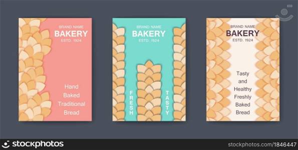 Posters template for bakery with decor of styled spikelets of bread. Minimal paper art style cover. Vector graphics. Posters template for bakery with decor of styled spikelets of bread. Minimal paper art style cover. Vector template