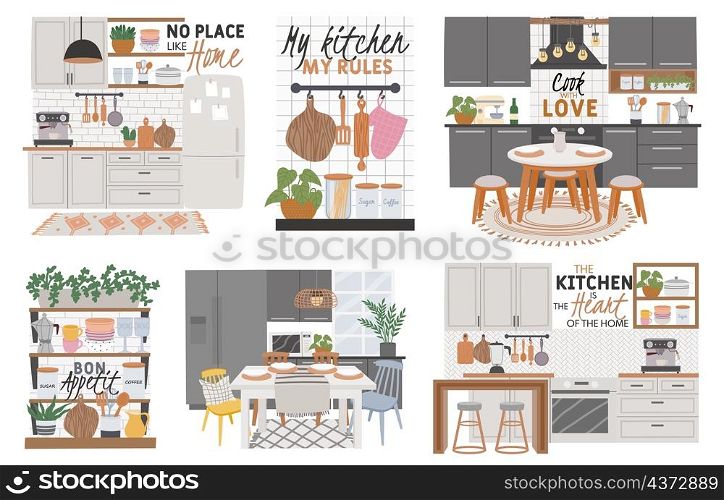 Posters with cozy kitchen room interiors and cook quotes. Kitchens furniture, cabinets, dining table and utensils. Hygge cooking vector set. Kitchen home quote, domestic banner illustration. Posters with cozy kitchen room interiors and cook quotes. Kitchens furniture, cabinets, dining table and utensils. Hygge cooking vector set