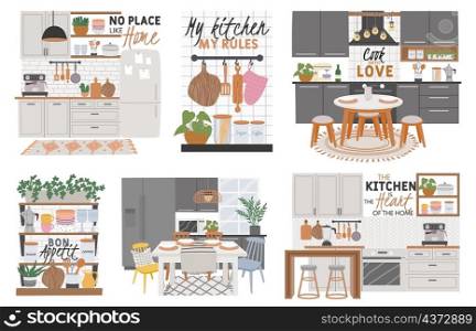 Posters with cozy kitchen room interiors and cook quotes. Kitchens furniture, cabinets, dining table and utensils. Hygge cooking vector set. Kitchen home quote, domestic banner illustration. Posters with cozy kitchen room interiors and cook quotes. Kitchens furniture, cabinets, dining table and utensils. Hygge cooking vector set