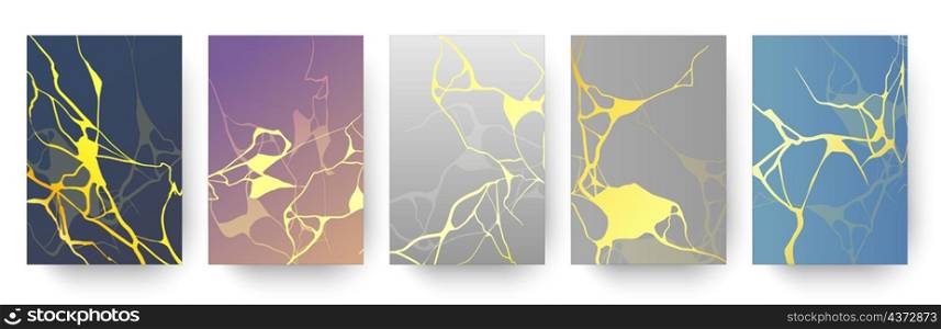 Posters with japanese gold kintsugi cracks, marble texture. Repaired broken pottery with golden lines. Luxury art prints design vector set. Illustration of crack gold and kintsugi crackle. Posters with japanese gold kintsugi cracks, marble texture. Repaired broken pottery with golden lines. Luxury art prints design vector set