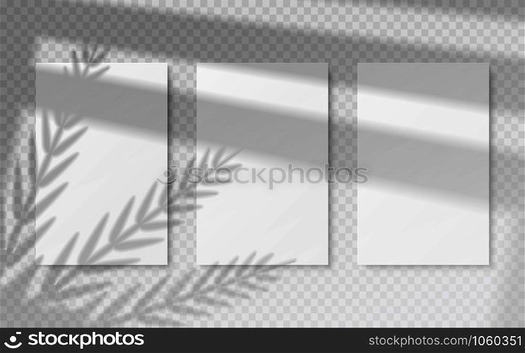 Posters with shadow overlay. White blank banners mockup with vector image transparent shadow of tropical leaves and window frame. Shadows effects on wall for natural effects light refracting. Posters with shadow overlay. White blank banners mockup with vector transparent shadow of tropical leaves and window frame