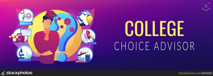 Postgraduate, career opportunities for young specialist. College choice advisor, college rankings, career assessment test concept. Header or footer banner template with copy space.. College choice concept banner header