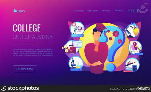 Postgraduate, career opportunities for young specialist. College choice advisor, college rankings, career assessment test concept. Website homepage landing web page template.. College choice concept landing page