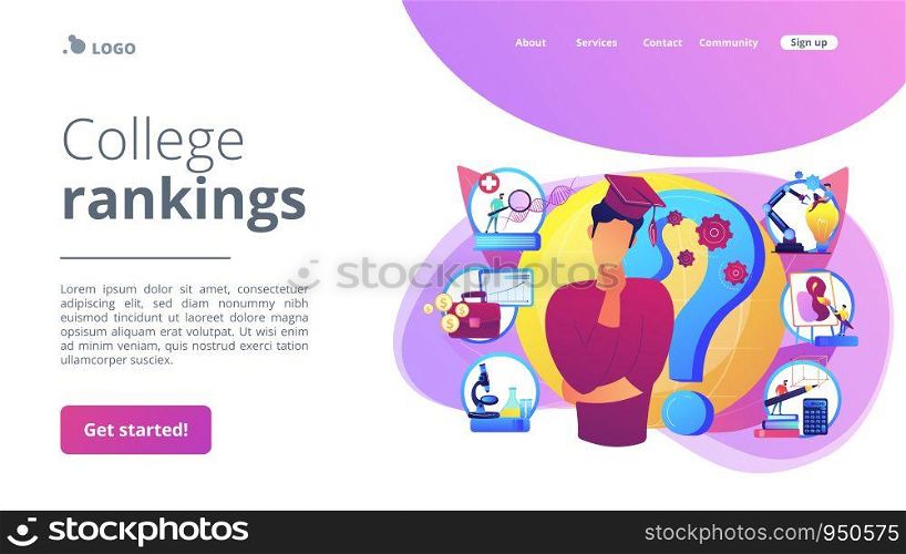 Postgraduate, career opportunities for young specialist. College choice advisor, college rankings, career assessment test concept. Website homepage landing web page template.. College choice concept landing page