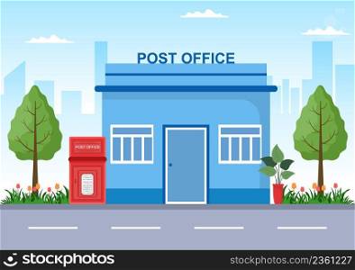 Postman Cartoon Building Vector Illustration Wearing a Uniform Carrying a Backpack Containing Letters to Send or Placing Envelope in Postal Service Mailbox