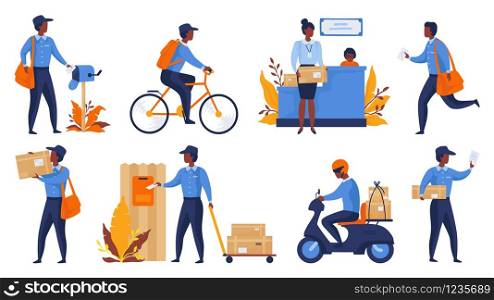 Postman. Cartoon delivery worker character shipping parcels, walking with mail and riding. Vector express delivery and shipping scenes, mailing package art person in uniform. Postman. Cartoon delivery worker character shipping parcels, walking with mail and riding. Vector express delivery and shipping scenes