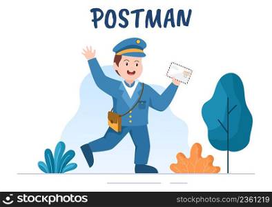 Postman Cartoon Vector Illustration Wearing a Uniform Carrying a Backpack Containing Letters to Send or Placing Envelope in Postal Service Mailbox