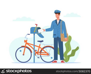 Postman deliver mail. Mailman in blue uniform and bicycle with bag delivering letters in mailbox, envelope message and parcel express delivery in postbox, logistic service cartoon vector flat concept. Postman deliver mail. Mailman in blue uniform and bicycle with bag delivering letters in mailbox, envelope and parcel express delivery, logistic service vector flat cartoon concept