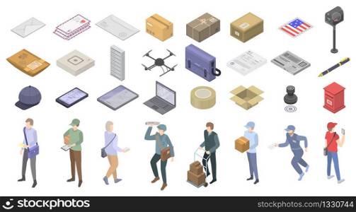 Postman icons set. Isometric set of postman vector icons for web design isolated on white background. Postman icons set, isometric style