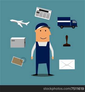Postman profession and delivery icons around a postman with postage stamp, letterbox, package, van, airplane and letters. Postman profession and delivery icons
