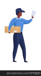 Postman shipping parcel. Cartoon mailman brings letters and boxes. Courier deliveries correspondence. Isolated post office worker in blue uniform. Vector African male character carries mail container. Postman shipping parcel. Cartoon mailman brings letters and boxes. Courier deliveries correspondence. Post office worker in blue uniform. Vector male character carries mail container