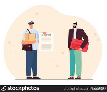 Postman with contract and customer holding credit card. Man paying for package flat vector illustration. Postal or delivery service, shopping concept for banner, website design or landing web page