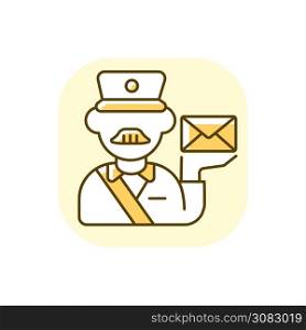 Postman yellow RGB color icon. Professional mailman, mail deliverer. Postal service, courier delivery. Post office worker holding envelope isolated vector illustration. Postman yellow RGB color icon
