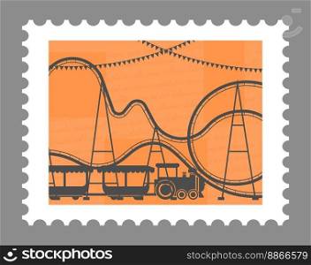 Postmark or postcard with attractions and amusement park, recreation and roller coaster. Postal mark or card, mailing letter and correspondence. Monochrome sketch outline. Vector in flat style. Attractions and amusement park recreation card