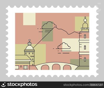 Postmark with Italian city landscape. Architecture and cityscape with nature and houses. Postal mark or card, mailing letter and correspondence. Monochrome sketch outline. Vector in flat style. Italian landscape with architecture, poscards
