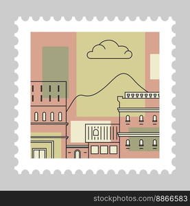 Postmark with Italian landscape, cityscape with architecture and old buildings, nature. Postal mark or card, mailing letter and correspondence. Monochrome sketch outline. Vector in flat style. Italian cityscape with architecture, postmark